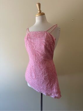 100% Silk Hand Beaded Pink Asymmetrical Tank Top | NWOT